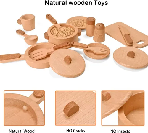 Miniatura 4 de Juego de accesorios de cocina, juguetes de madera Montessori, juego de cocina para niños, platos, platos, ollas, sartenes, juego de cocina, 15