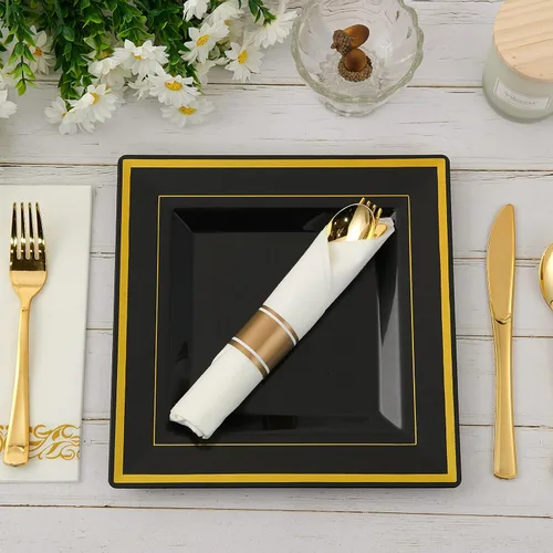 Miniatura 3 de JOLLY CHEF Paquete de 60 platos de plástico para cumpleaños de Halloween, plástico cuadrado dorado con elegante borde dorado de 9.5 pulgadas, platos