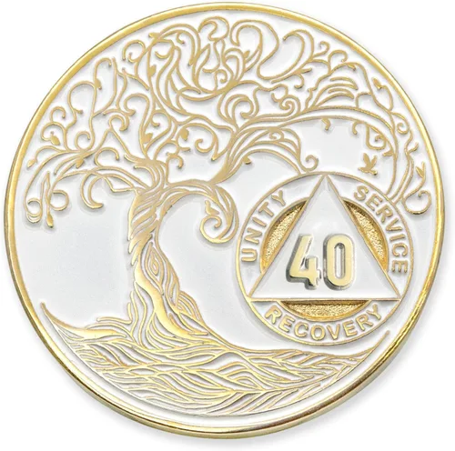 Miniatura 32 de 20 Year Sobriety Mint Twisted Tree of Life - Medallón de recuperación AA chapado en oro, fichas y fichas, color negro
