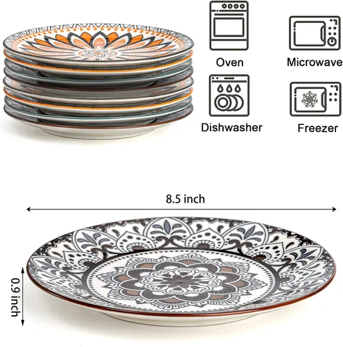 Miniatura 3 de Foraineam 8 platos de ensalada, platos de postre florales de porcelana de 8.5 pulgadas, coloridos juegos de platos redondos para almuerzo, ensalada
