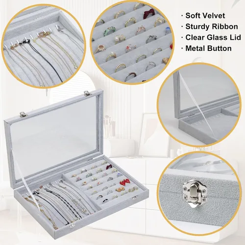 Miniatura 2 de Togous Organizador de anillos de collar de terciopelo con tapa transparente, soporte para collar 2 en 1 y vitrina de anillo, bandeja organizadora