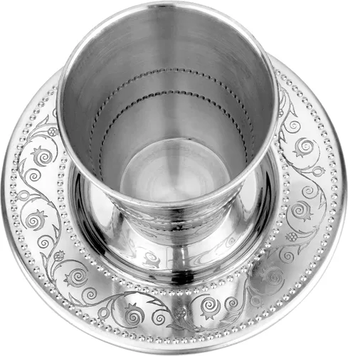 Miniatura 3 de Juego de tazas Kidush de acero inoxidable – Taza de vino y platillo Kidush premium con diseño de granada floral grabado con láser para Shabat