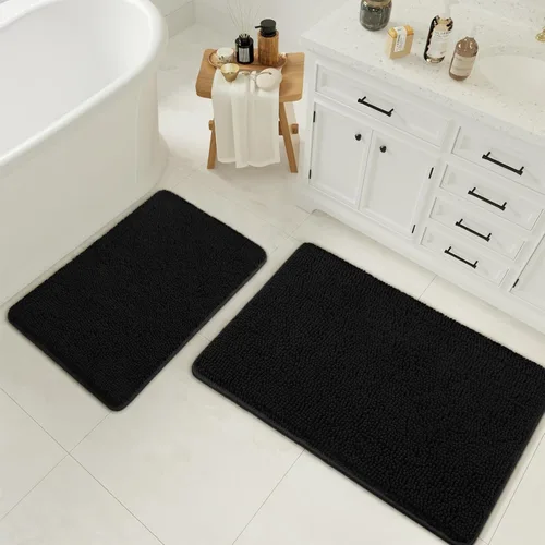 LOCHAS Juego de 2 alfombras de baño de 17 x 24 pulgadas más 20 x 32 pulgadas de grosor, antideslizantes, alfombra de baño de felpilla suave y Negro