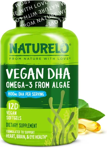 NATURELO DHA vegano, suplemento vegano de Omega 3, 120 cápsulas blandas, apoya la salud del cerebro/corazón/ojo, complementa vitaminas prenatales,