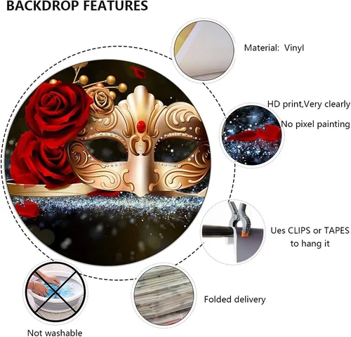 Miniatura 5 de Telón de fondo para fiesta de máscaras, máscara dorada, rosa roja, telón de fondo para fiesta, Mardi Gras, eventos, baile, fondo fotográfico