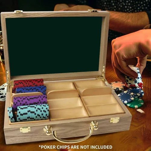 Miniatura 6 de GSE Games & Sports Expert Estuche de madera para fichas de póquer con 3 bandejas de fichas, capacidad para 300 fichas, soporte para fichas de póquer