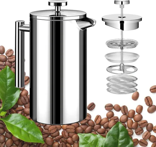 Cafetera pequeña de acero inoxidable de prensa francesa de 21 onzas (3 tazas), aislamiento de doble pared para bebidas calientes y frías, prensa