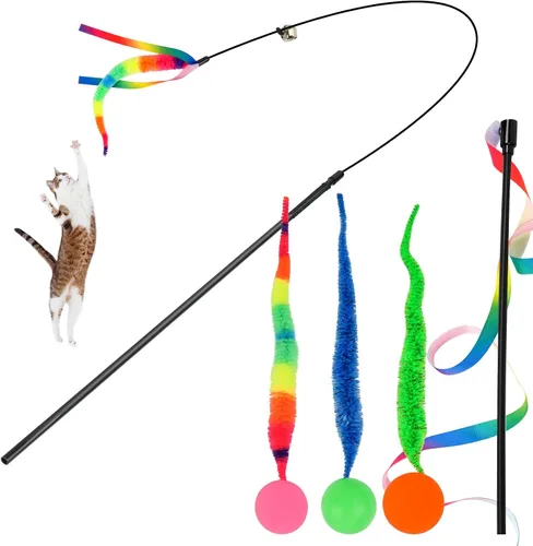 Miniatura 11 de SHENGSEN Juguete de varita de plumas para gatos, pelota inflable con cola para gatos, gusano mágico con juguete de bola grande y colorida