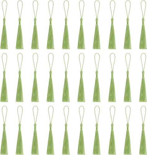 Miniatura 22 de VAPKER 30 borlas negras de 5.1 in/5 pulgadas, sedosas, hechas a mano, suaves, con lazo de cordón de 2 pulgadas para hacer joyas, proyectos