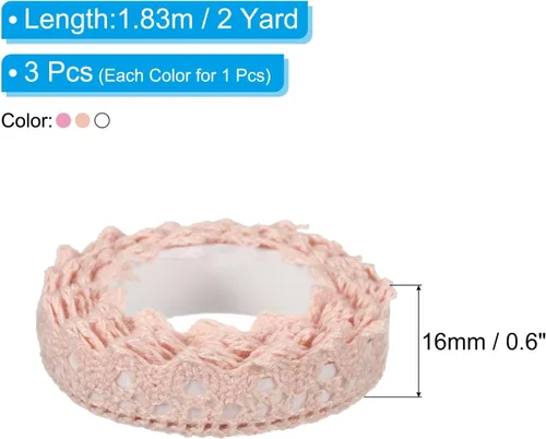 Miniatura 2 de PATIKIL Cinta de encaje autoadhesiva de 0.6 pulgadas de ancho, 2 yardas, paquete de 3 calcomanías de algodón con ribete Washi para manualidades