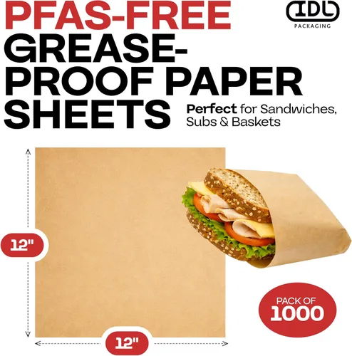 Miniatura 2 de IDL Packaging Hojas de papel a prueba de grasa de 12 x 12 pulgadas sin PFAS, paquete de 1000, papel kraft natural, forros para bandejas de alimentos