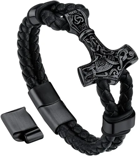 Bandmax Pulsera trenzada de cuero negro para hombre con colgante gótico punk, pulsera de cuero con hebilla de acero inoxidable, paquete de regalo,