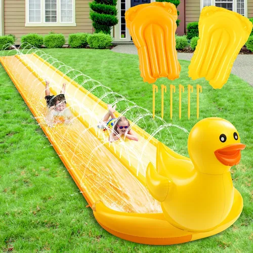 Foilswirl Tobogán acuático de pato 3D de 20 pies, tobogán de agua de doble carril, valla segura de 3 caras, inflable resistente con 2 tablas de