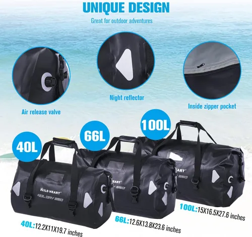 Miniatura 6 de WILD HEART Bolsa de lona impermeable para motocicleta, PVC500D, doble parte inferior, con correas de cuerda y bolsillo interior, 40L, 66L, 100L