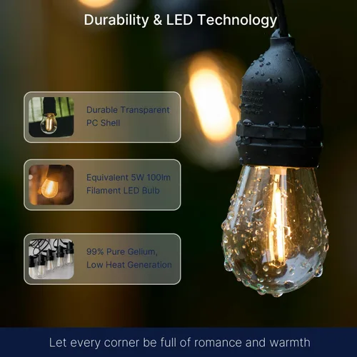 Miniatura 3 de FLSNT Paquete de 48 bombillas LED S14 de repuesto para cadena de luz, bombillas LED impermeables para exteriores, base E26, 2200 K blanco cálido,