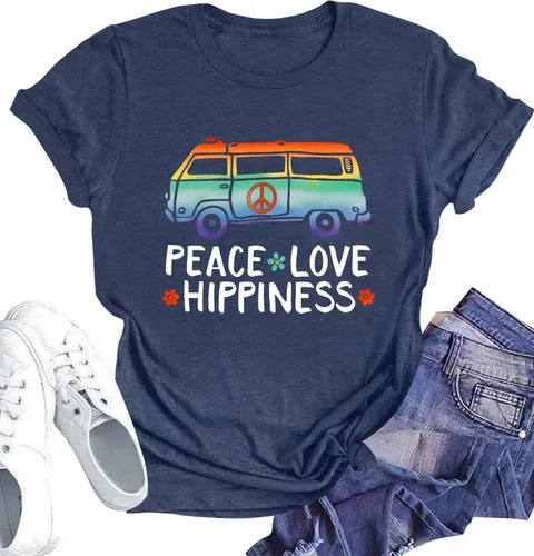 Camiseta de amor con signo de paz para mujer, camiseta con estampado de flores, hippie de manga corta de los años 60 y 70, camiseta inspiradora