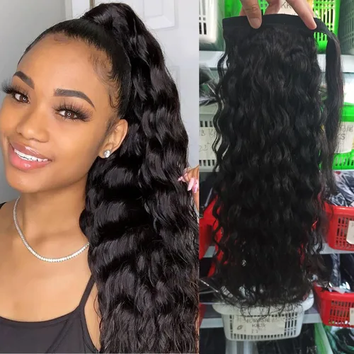 Miniatura 16 de Extensión de Cola de Caballo de Cabello Humano Kinky Recto con Pasta Mágica Envolvente de 30,48 cm, Cabello Natural Negro Brasileño, Extensiones