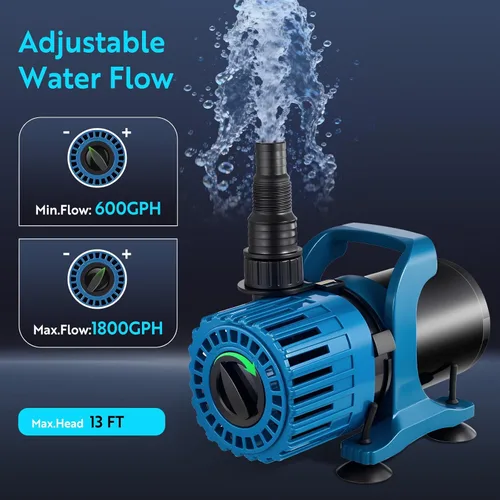 Miniatura 2 de TONGCHANT Bomba de estanque para fuente, estanque de peces y cascada, 600-1800 GPH, elevación de 13 pies, bomba de agua sumergible de flujo