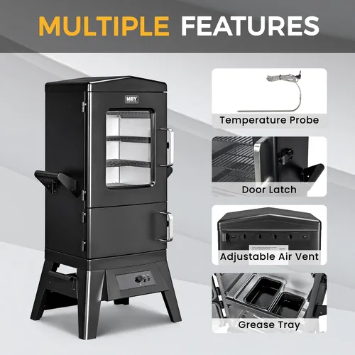Miniatura 8 de Ahumador eléctrico con tapa, pantalla LED, sonda integrada para carne, ahumadores de barbacoa de gran capacidad, 4 estantes fuman más con 633 pies