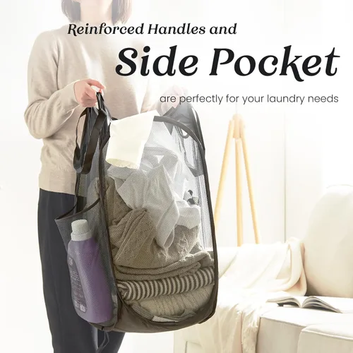 Miniatura 3 de TECHMILLY Cesta plegable de malla para la ropa sucia con asas resistentes y bolsillo lateral, cestas plegables portátiles para ropa para dormitorio
