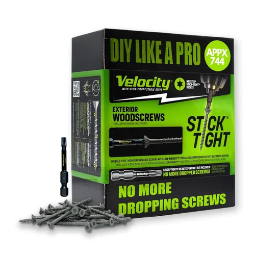 Miniatura 14 de Velocity - Tornillos para madera exteriores 1 1/2 y puntas Torx T20 (talla #8), tecnología adherente, fabricado con acero al carbono, incluye broca