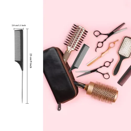 Miniatura 5 de Paquete de 3 peines de cola de rata, resistente al calor, peine de dientes finos de fibra de carbono para separación y burlas del cabello de cola