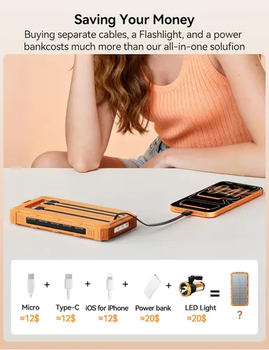 Miniatura 11 de Cargador solar-banco de energía – Cargador de batería solar de 20000 mAh, cargador de batería solar, cables integrados de carga rápida de 20 W
