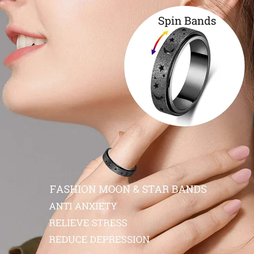 Miniatura 3 de Anillo Giratorio para Ansiedad - Anillo de Dedo de Acero Inoxidable para Hombres y Mujeres - Luna Estrella Negro 8
