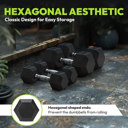 Miniatura 9 de Juego de mancuernas hexagonales con estante, juego de mancuernas de ejercicio y fitness con revestimiento de goma de 720 libras, peso de mano
