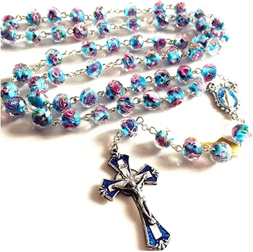 elegantmedical Hecho a mano Bule Veluriyam Beads Rosario Collar Crucifijo Cruz Regalo Católico, Vidrio