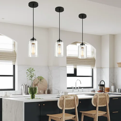 Miniatura 3 de Lámpara Colgante Fijo, Paquete de 3 Lámparas de Techo con Pantalla de Vidrio Transparente, Ajustable, para Cocina y Comedor, Negro, 30 x 15 x 22 cm