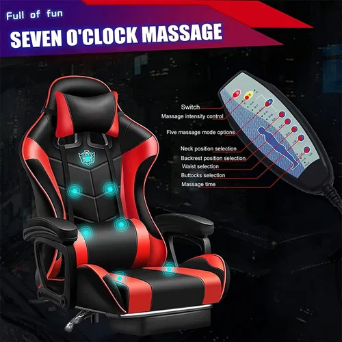 Miniatura 4 de Silla de juegos para adultos con reposapiés y masaje, silla de videojuegos con altavoces y luces LED RGB, piel sintética, sillas ergonómicas