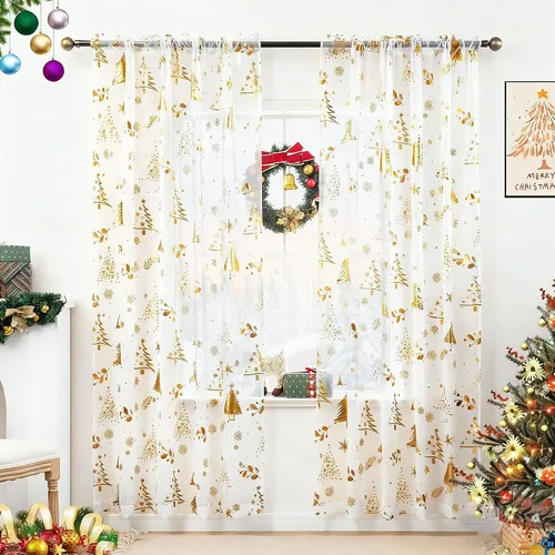 Miniatura 13 de Cortinas traslúcidas de Navidad para sala de estar, cortinas transparentes con estampado de copos de nieve de lujo, cortinas con bolsillo