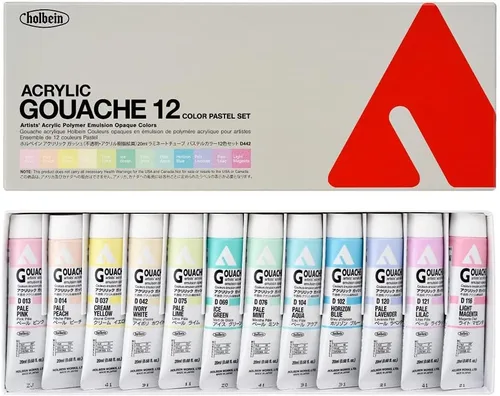 HOLBEIN Gouache acrílico, hecho en Japón, gouache acrílico (pintura de resina acrílica opaca), 0.7 fl oz (0.7 fl oz), color pastel, juego de 12