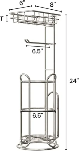 Miniatura 5 de Mega Roll - Soporte de papel higiénico de acero inoxidable para baño, dispensador TP con estante para teléfono/toallitas y revistero de pie, cromado