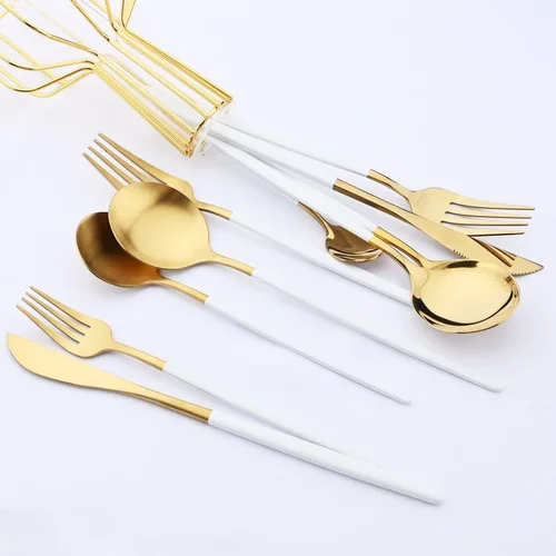 Miniatura 5 de Juego de cubiertos de oro mate y blanco, 5 piezas, juego de vajilla de acero inoxidable 18/10, servicio para 1, juego de utensilios de cocina, juego