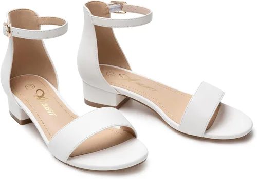 Miniatura 46 de Athlefit Sandalias para niñas, puntera abierta, correa en el tobillo, tacones bajos, zapatos de vestir para niñas pequeñas y grandes