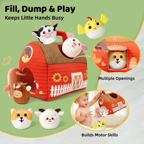 Miniatura 4 de Juguetes de animales de granja para niños pequeños de 1, 2, 3, 4, 5 años, juego de casa de granja de felpa con granero, 6 animales de granja suaves