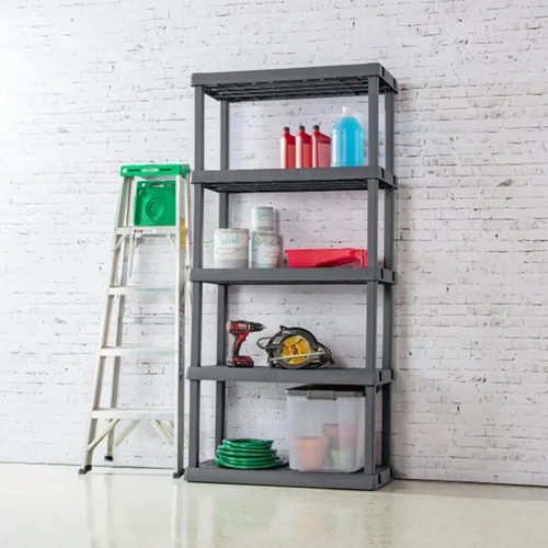 Miniatura 7 de Sterilite Paquete de 4 estantes con 5 estantes, estantes de almacenamiento resistentes para el hogar y el garaje, color gris, estantes organizadores