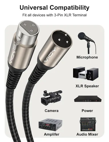 Miniatura 6 de VIOY Cable de micrófono XLR de 6.6 pies, cable de micrófono macho a hembra, cable equilibrado de 3 pines - cable de extensión XLR trenzado de nailon