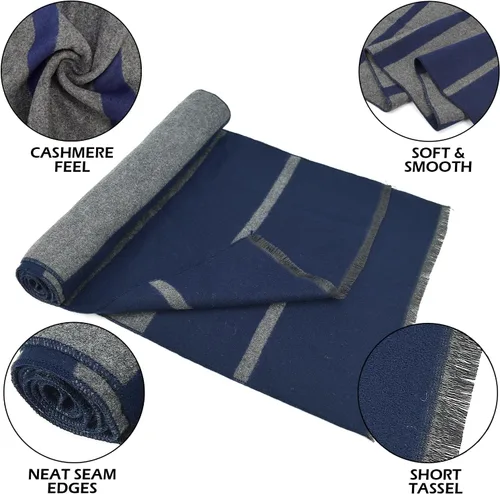 Miniatura 2 de EINSKEY Bufanda de invierno para hombre, paquete de 2 bufandas de mezcla de lana con borlas de contraste a rayas suaves y largas bufandas de moda