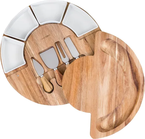 Miniatura 7 de ChefSofi Juego de tabla de charcutería y plato para servir queso, hecho de madera de acacia, juego de tabla de queso y cuchillos patentado por