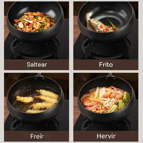 Miniatura 5 de Wok de acero al carbono, woks de 11 pulgadas y sartenes para freír con tapa de vidrio, wok antiadherente de fondo plano, pequeño wok chino hecho a