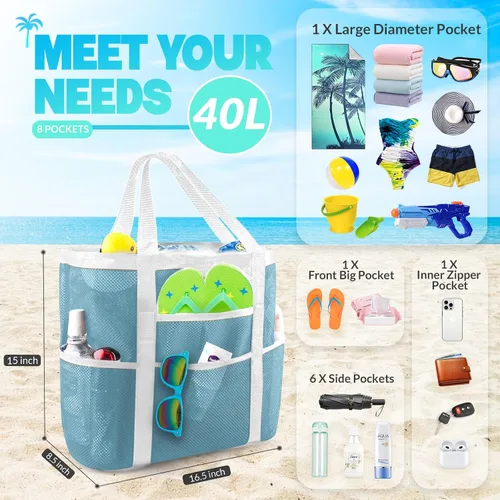 Miniatura 2 de EASYFUN Bolsa de playa grande de malla, bolsa de playa ligera con 9 bolsillos, accesorios de playa plegables