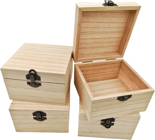 Miniatura 8 de Anktily Paquete de 4 cajas de madera sin terminar, 6 x 4 x 2 pulgadas, caja rústica de madera pequeña con cierre de bloqueo, caja organizadora