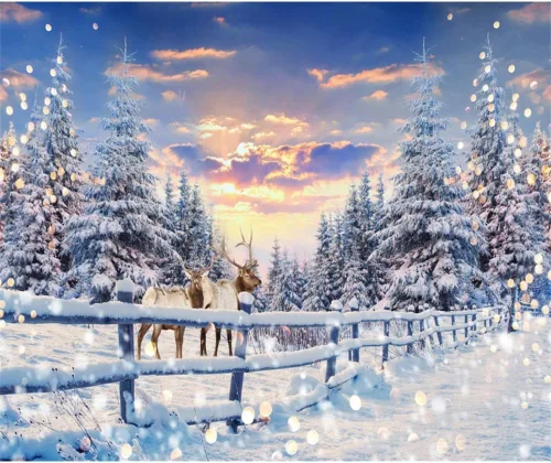 Telón de fondo de fotografía de invierno, 10 x 8 pies (118.1 x 94.5 in), pancarta de bosque de nieve, ciervos, decoración de fiesta de Navidad,