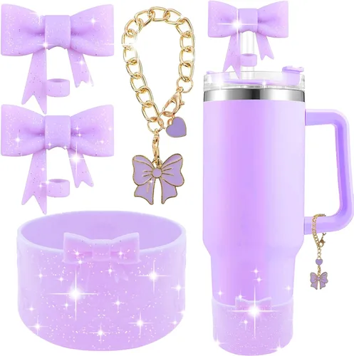 Miniatura 24 de Conjunto de accesorios para taza Hpebl para Stanley, incluye 2 tapas de pajita con moño lindo de 10 mm, tapones reutilizables para pajita, 1 funda
