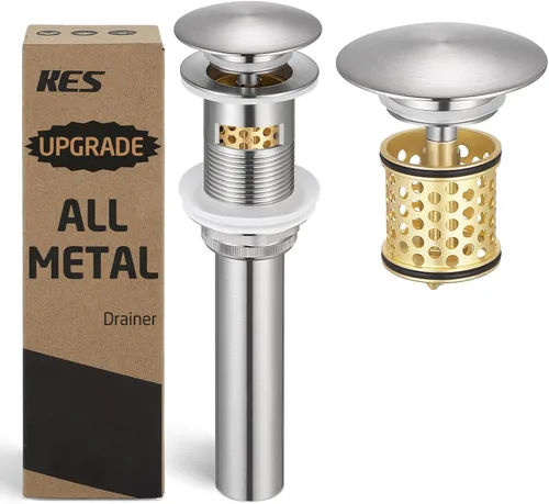 KES S2018A-BN - Drenaje para lavabo de baño con desbordamiento, desagüe desplegable para tocador de baño, colador desmontable, níquel cepillado,