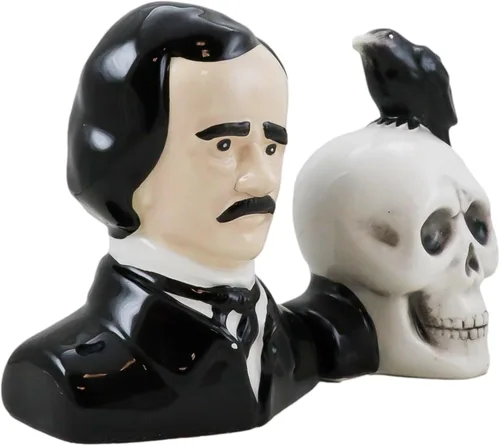 Miniatura 6 de Ebros Gift Poeta gótico Edgar Allen Poe con cuervo negro en el cráneo decorativo de cerámica salero y pimentero Figuritas Quoth The Raven Nevermore