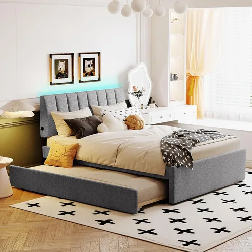 Miniatura 18 de Cama de plataforma tapizada de tamaño matrimonial con nido, cama con plataforma tapizada de vellón de peluche con soporte de listones de madera